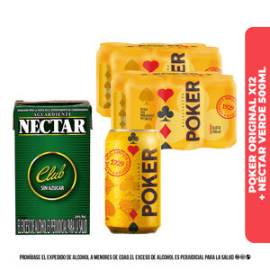 12 Pack Poker Rubia lata 330 + Aguardiente Nectar Verde tetrapack 500ml