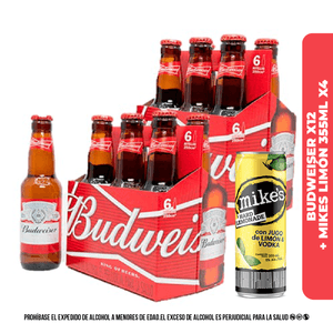 12 Pack Budweiser botella 250 + 4 Pack Mike's Limon 355ml