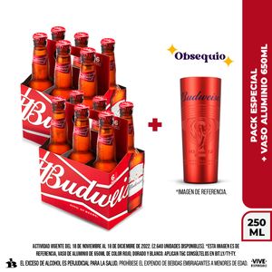 Pack Especial Budweiser (12 botella 250ml + Vaso Obsequio Budweiser)