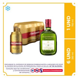 6 Pack Club Colombia Dorada lata 330ml + Whisky Buchanans 12 años botella 750