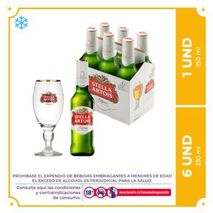 6 Pack Stella botella 330 + Copa Caliz 250ML