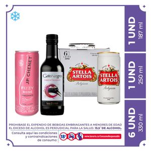 6 Pack Stella Lata 330+Vino Espumoso Jp Chenet Pink lata 250ml+ Vino Gato Negro 187ml