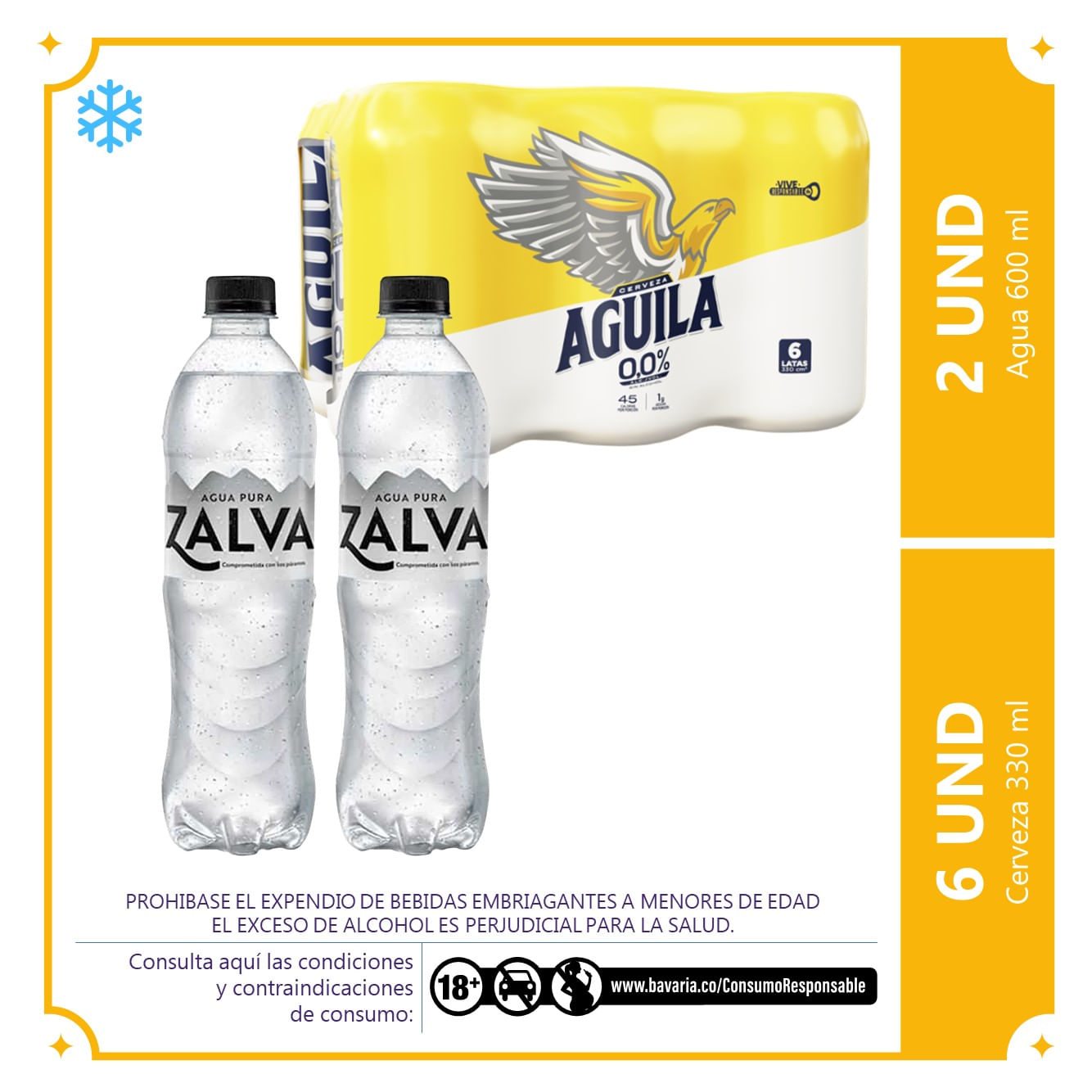 6 Cervezas Aguila original lata 330ml c/u + 2 agua zalva pet 600ml - TaDa  Colombia