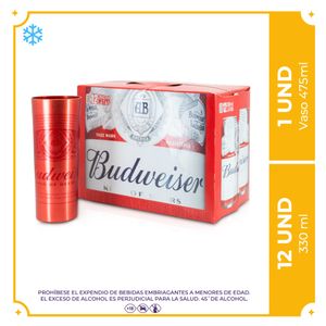 12 pack de Budweiser en lata 269ml + Vaso de Aluminio de Budweiser 475ml