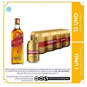 1 Botella de Red Label 700ml + 12pack Club Colombia Dorada lata 330ml